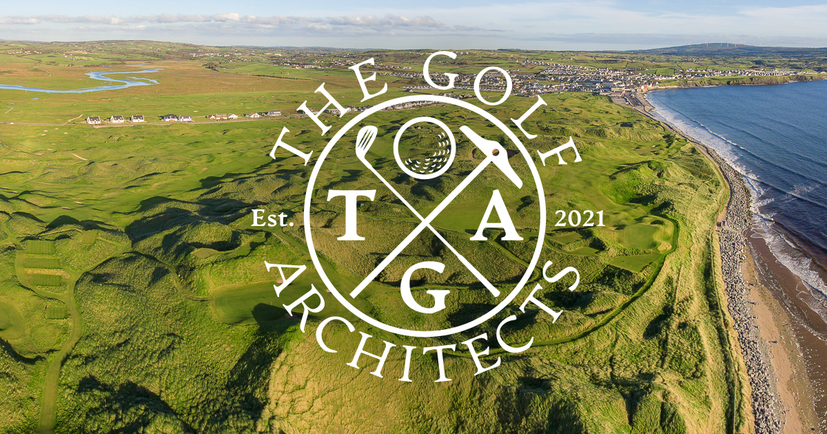 TheGolfArchitects.com Logo over aerial view of Lahinch Golf Club in Ireland.